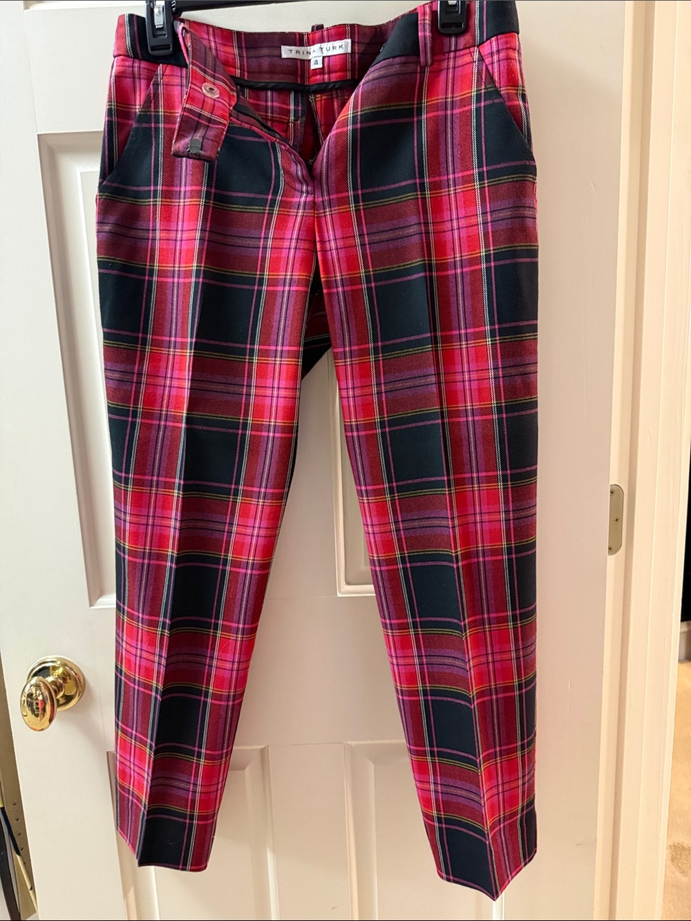Trina Turk Red and Navy Plaid Chinos